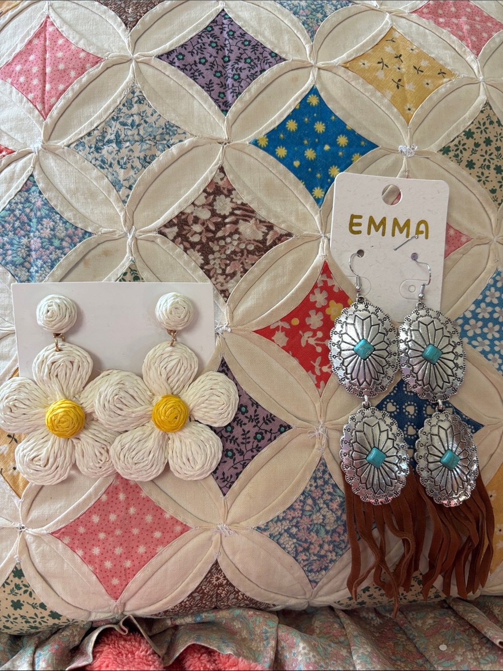 EMMA Silver Turquoise Fringe Earrings & Floral Raffia Drop Earrings